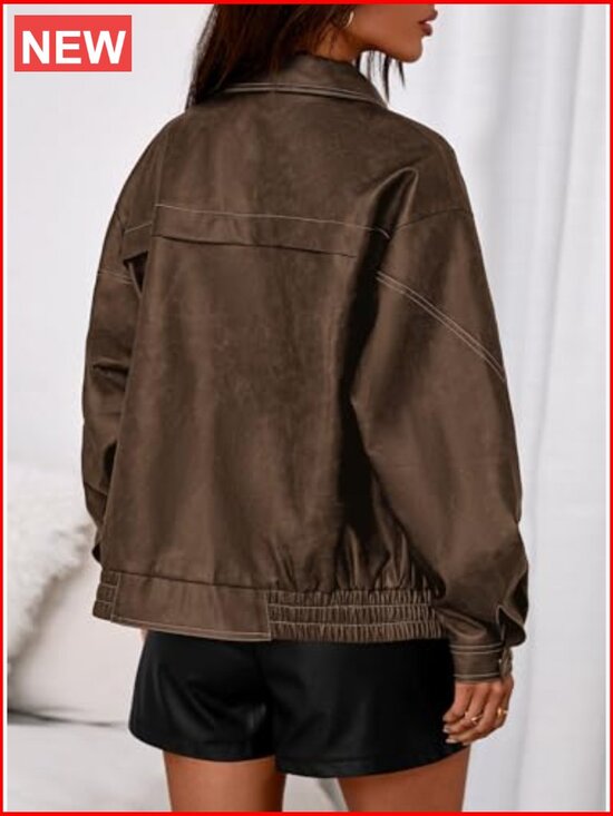 Faux Leather Jacket Women Bomber Motorcycle Zip Up Oversized - Picture 4 of 7